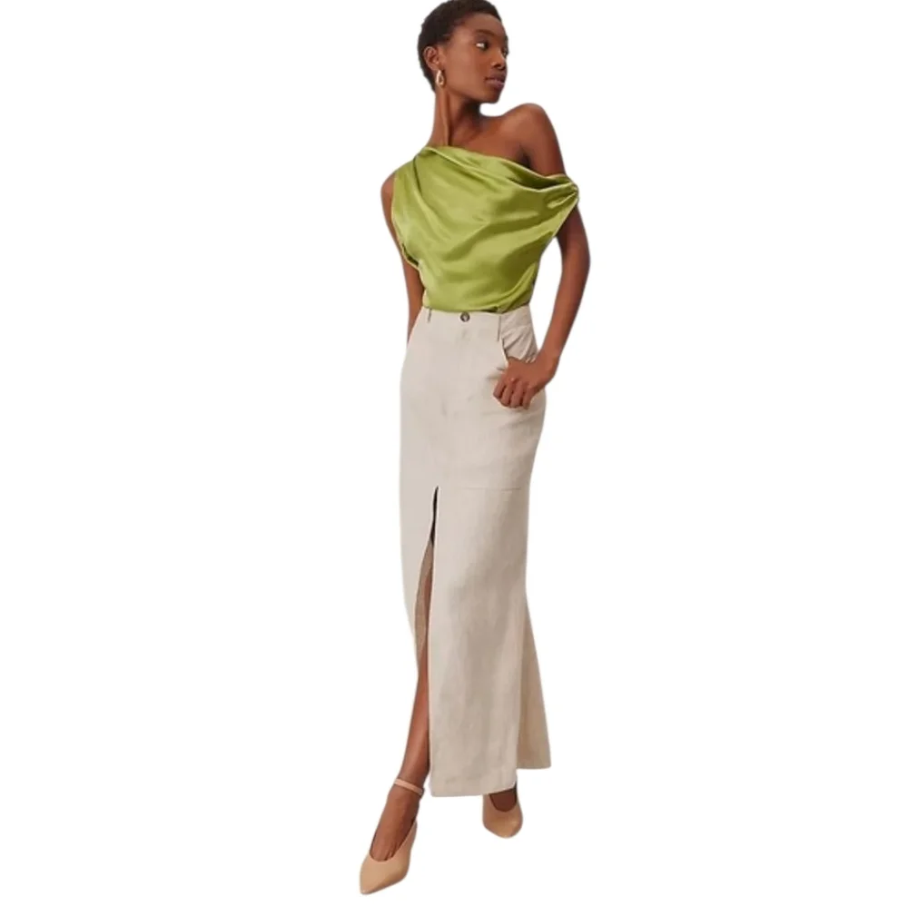 PRISTINE Reformation Tazz Long Linen Skirt Size 10 Tan Oatmeal Maxi Pockets